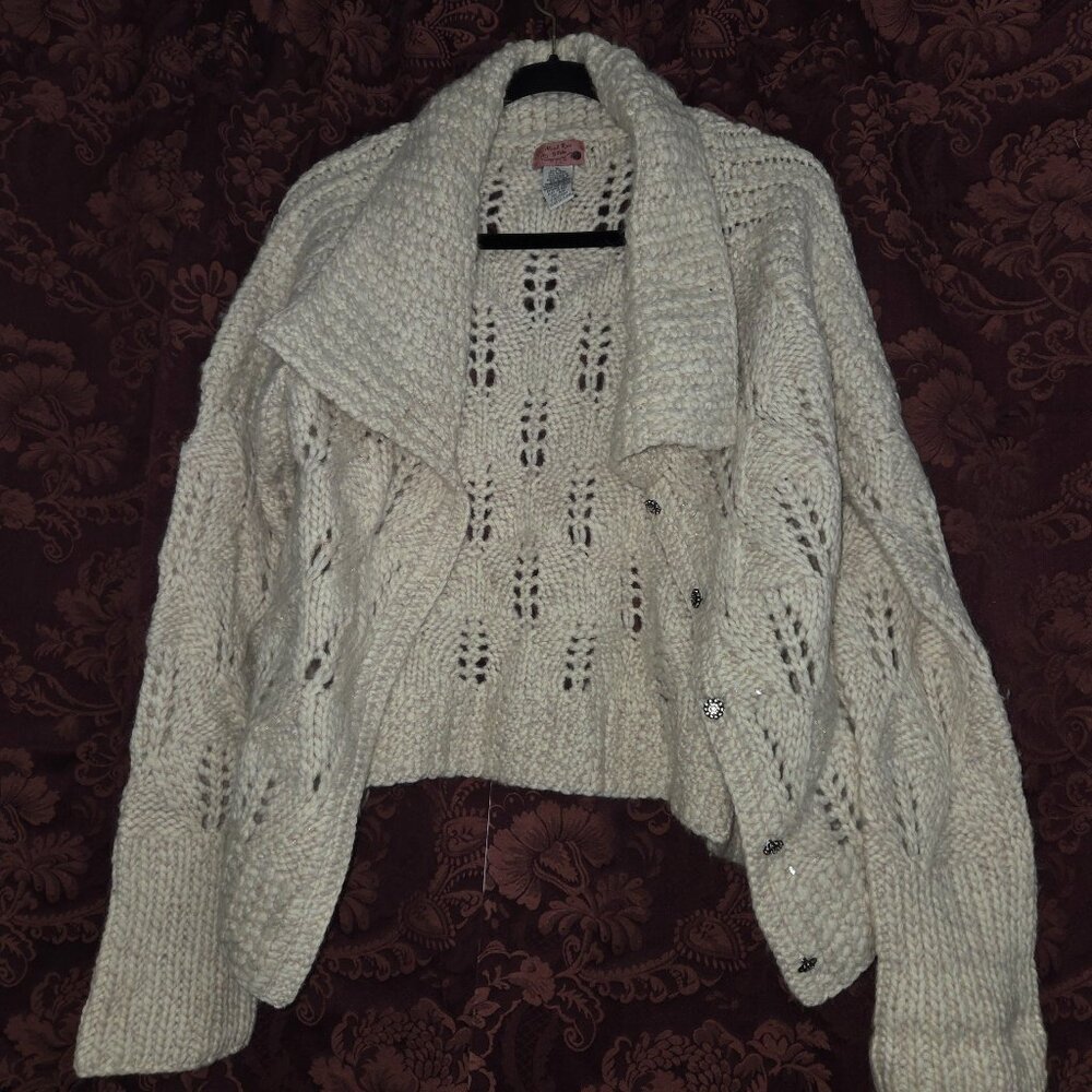 Anthropologie Hand Knit by Dollie Ivory Sequin Wool Knit Cardigan Women Size XL